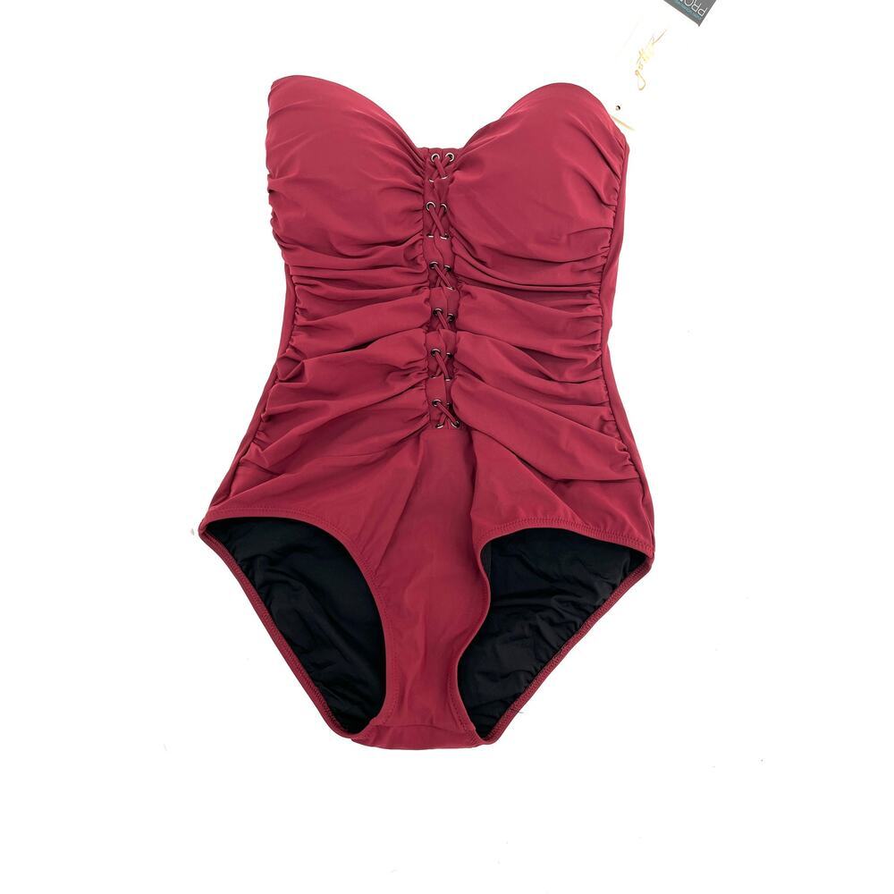 Profile by Gottex Burgundy Solid Tummy Tuck One Piece Lace Up Swimsuit 8 NEW
